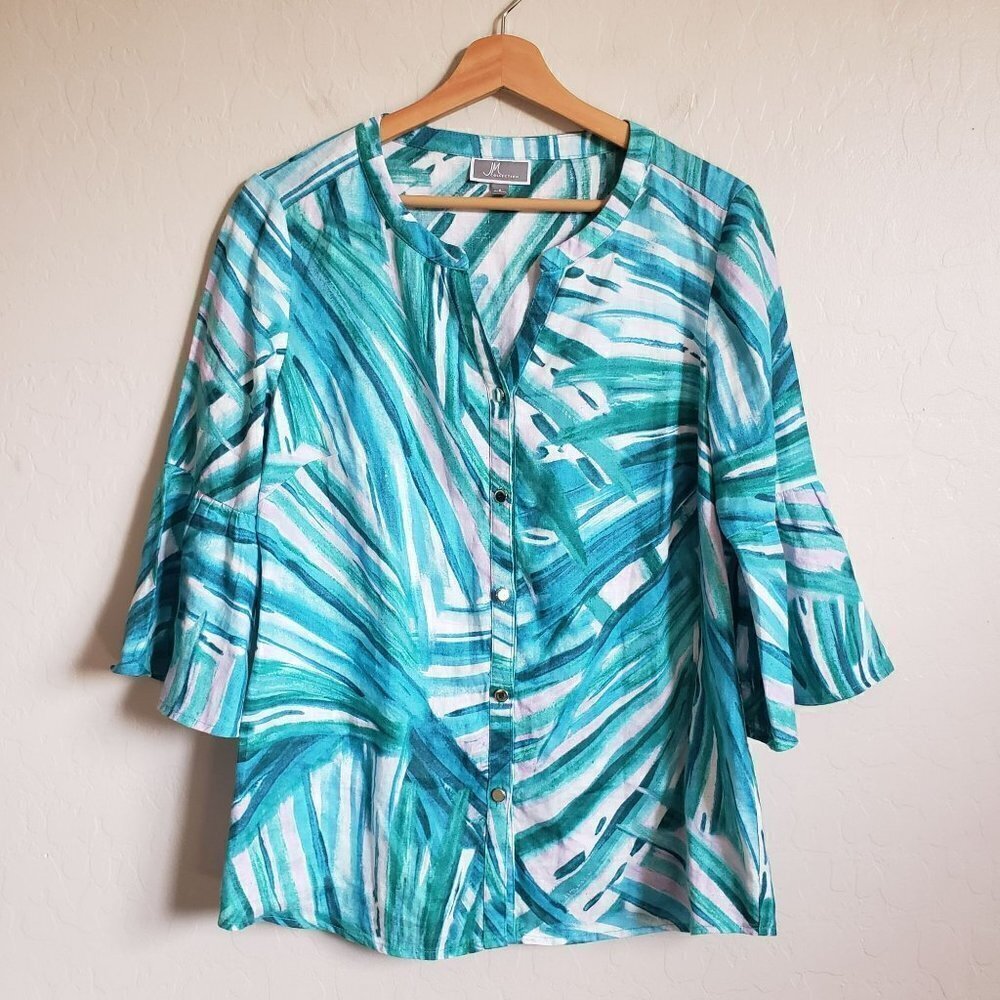 JM Collection 100% Linen Tropical Bell Sleeve Top Painted Palms Teal Blue Size 4